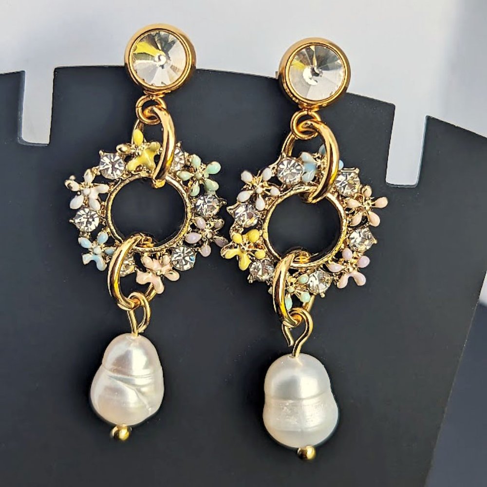 Floral Pastel Multicolor Cute Vintage Style Freshwater Pearl Dangle Earrings